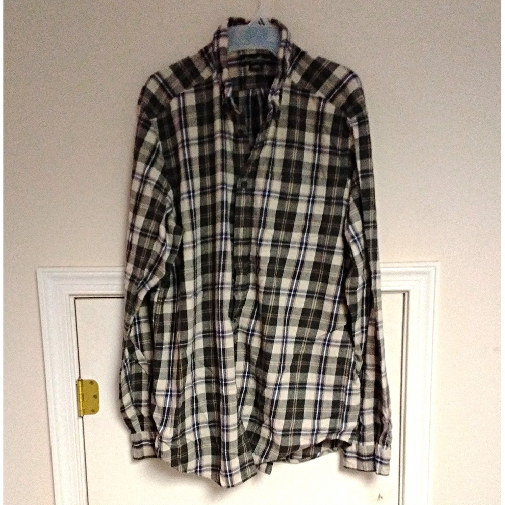 Eddie Bauer Green/Blue/White Plaid Cotton Long Sleeve Button-Up Shirt Mens LT